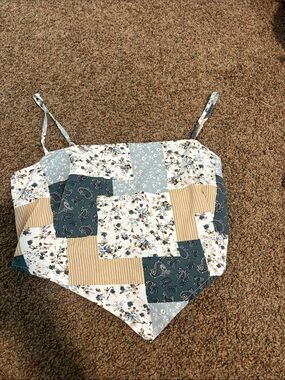 Patchwork Floral Paisley Handkerchief Cami Top - Teal, Cream, Tan